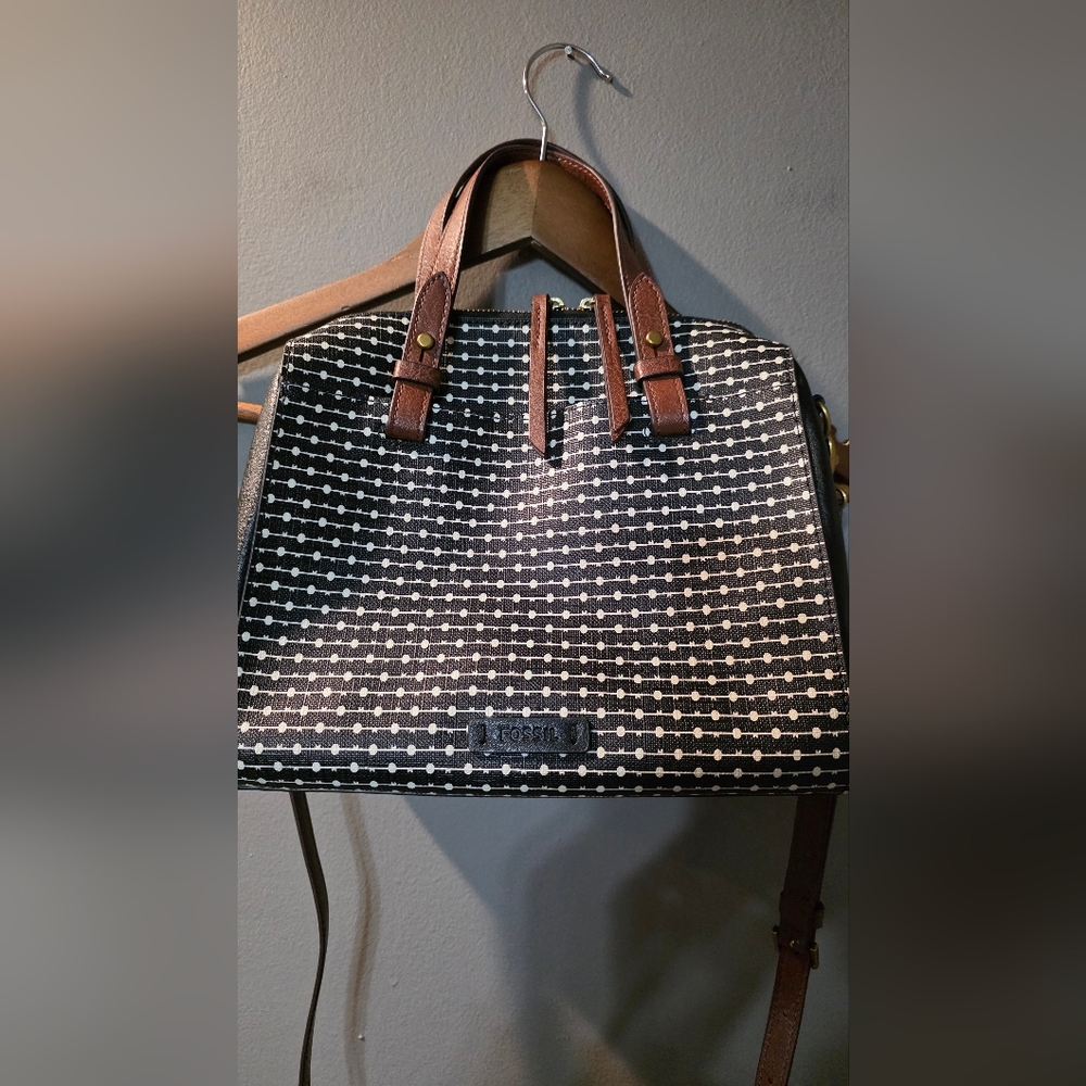 Fossil Rachel Satchel Handbag Crossbody‎ Black/White Gold Accents OS